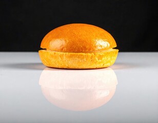 Glossy, golden bun on shiny surface, dark background