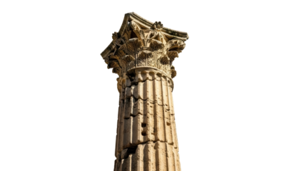 Ancient Corinthian column isolated PNG on transparent background, weathered stone pillar with ornate capital for historical architecture