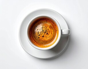 Cup of espresso, top view, on matching saucer, white