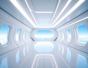 Bright, futuristic white corridor with sky views