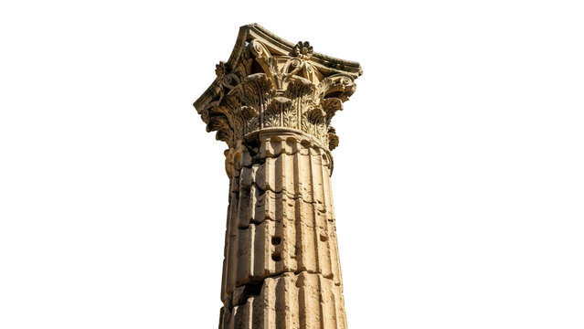 Fototapeta Ancient Corinthian column isolated PNG on transparent background, weathered stone pillar with ornate capital for historical architecture