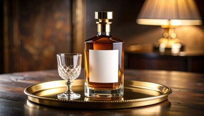 Luxury Whiskey Decanter and Glass on Golden Tray with Warm Background.