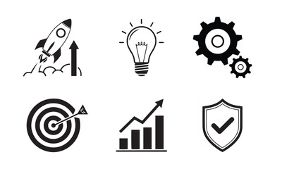 Business startup and strategy icon set. Rocket launch, light bulb idea, target goal, financial growth chart, and security shield vector.
