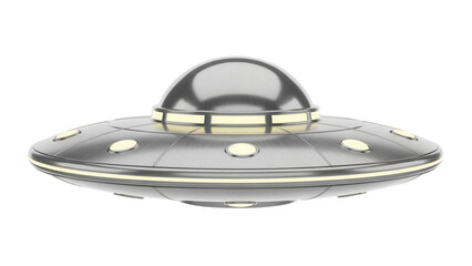 Silver UFO PNG isolated on transparent background, flying saucer spaceship with lights for science fiction and space exploration concepts © Eoin
