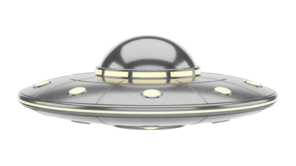 Silver UFO PNG isolated on transparent background, flying saucer spaceship with lights for science fiction and space exploration concepts