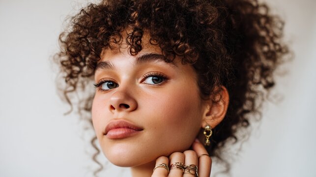 Woman with curly hair wearing earrings and makeup.