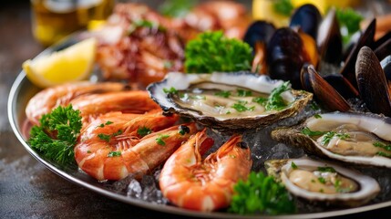 Delicious seafood platter featuring shrimp, oysters, and mussels on ice