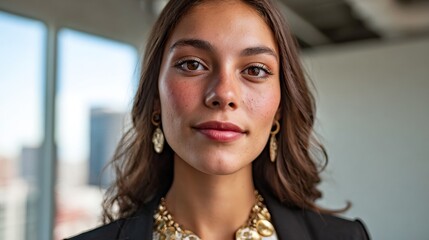 Woman in office attire smiling at camera.