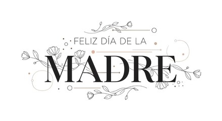 Elegant black and white Feliz Día de la Madre (Happy Mother's Day) typography with delicate floral and leaf ornaments, perfect for greeting cards and celebrations.