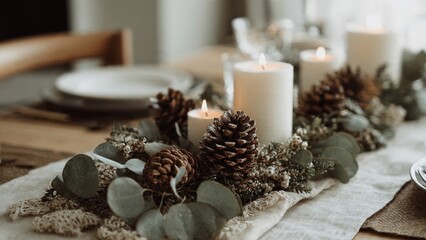 Candles and Pine Cones Decorating Christmas Table

