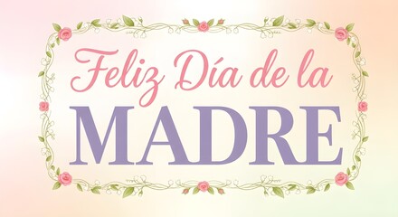A decorative greeting card with "Happy Mother's Day" in Spanish, featuring a floral border of pink roses and green leaves on a soft pastel background.