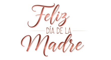 Rose gold script text 'Feliz Día de la Madre' on a white background, celebrating Mother's Day with elegant typography and a heartfelt message.