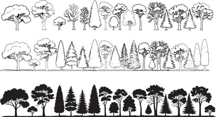 Detailed black and white silhouette illustration of various tree types in a landscape