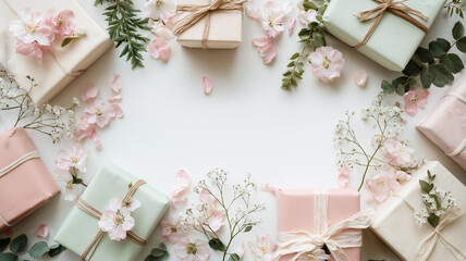 パステルカラーの包装と桜に囲まれた、春のギフトフレーム構図