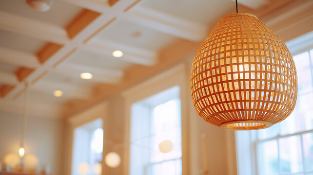 ラタンシェードからあたたかい光がこぼれる、落ち着いた室内の情景