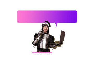 Full poster art trend banner collage of happy warrior man hold laptop speak bubble notification speech social media network