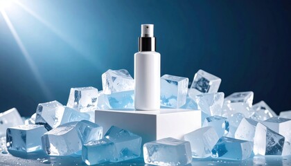 White Spray Bottle on Ice Cubes with Product Mockup, and Cool Background.