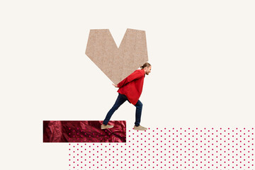 Poster 3d image artwork banner collage of minded guy carry heart icon loaded love affection feeling donation feedback concept