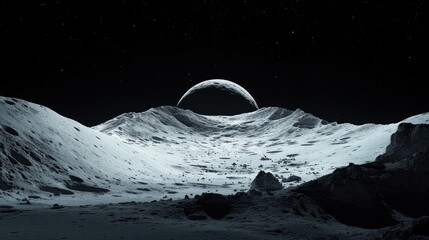 A lunar landscape shows a cresting Earth. The cratered terrain stretches to the horizon with a dark night sky dotted with stars