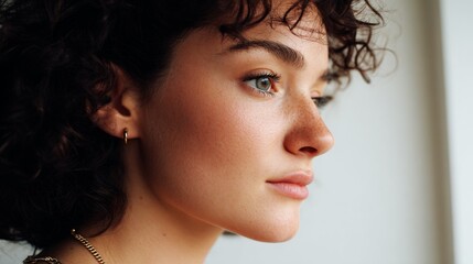 Woman with curly hair looking off to side.