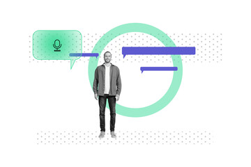 3d banner image pop contemporary photo collage of happy man stand bubble microphone icon social media podcast correspondence