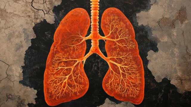 Illustration of human lung tissue showcasing intricate bronchial structures and vascular connections against a textured background