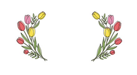 Naklejka premium A charming symmetrical border of hand-drawn red, pink, and yellow tulips with green leaves, creating a fresh floral frame on a white background.