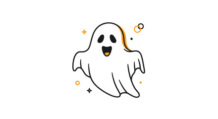Fototapeta premium A minimalist cartoon ghost smiling widely with bold black outlines and vibrant orange accents, creating a fun and friendly Halloween illustration.