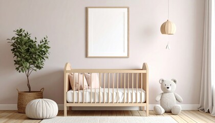 Baby nursery room interior design with crib and decor.