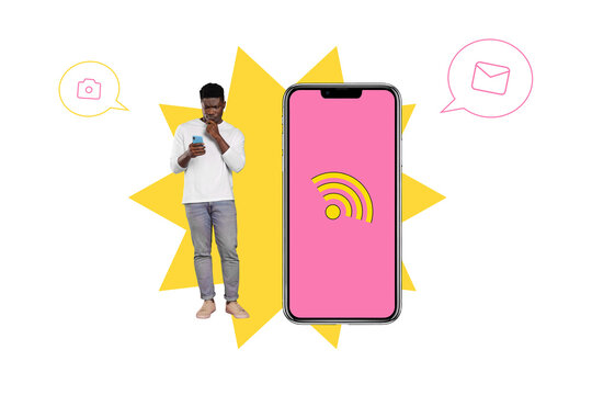 3d full composite collage image sketch of minded man hold phone wifi network dialogue phrase communication chatterbox photo-camera