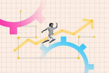 Creative 3d artwork collage of happy businessman run arrow development progress statistics chance...