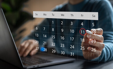 Calendar interface with marked date, hand pointing at schedule, planning productivity, deadline reminder, appointment booking and business workflow, smart organization tool, time management concept