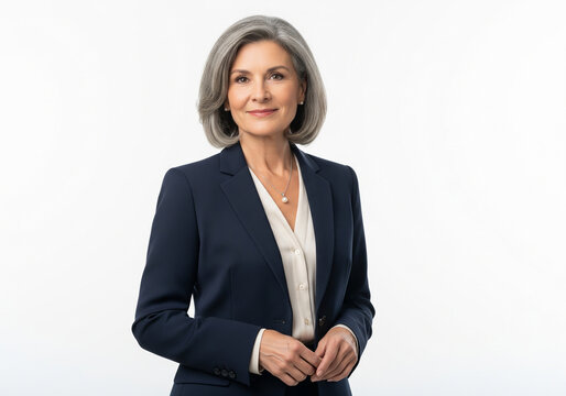 Portrait of a confident mature businesswoman with grey hair in a blue suit smiling on white background