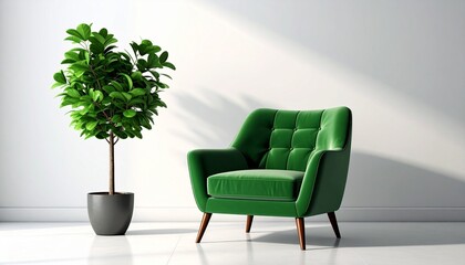 Green Armchair Interior with Potted Plant and Wooden Side Table