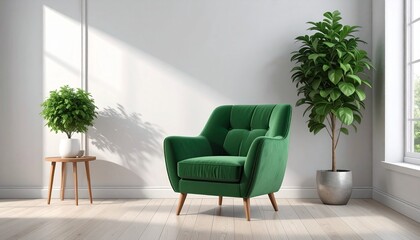 Green Armchair Interior with Potted Plant and Wooden Side Table