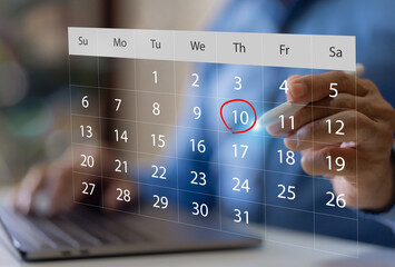 Calendar interface with marked date, hand pointing at schedule, planning productivity, deadline...