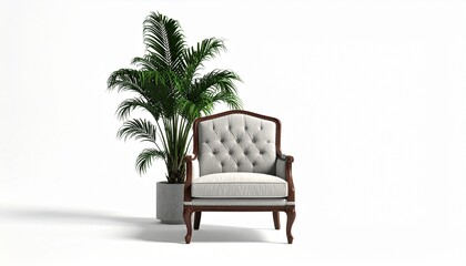 Minimalist Armchair Scene with Green Plant and Wooden Side Table