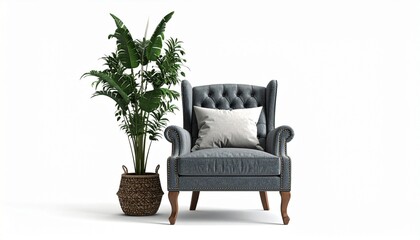 Minimalist Armchair Scene with Green Plant and Wooden Side Table