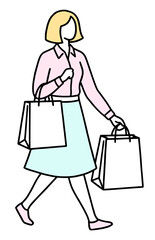 買い物をする女性の全身線画イラスト - ショッピング・セール・バーゲン・紙袋・消費・購入