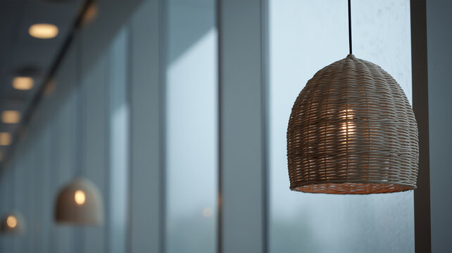 窓辺に吊るされた籐の照明と、静かな空気が広がる室内の雰囲気