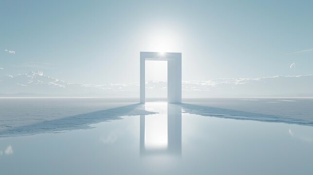 White rectangular archway reflecting on calm water surface under bright sun