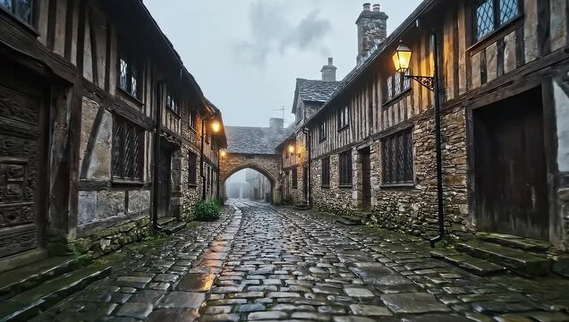 Lacock Village, England Historic Cobblestone Street  Architecture