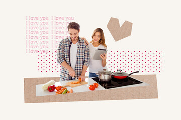 3d trend banner collage of two happy girl guy cooking pan vegetables pot heart icon bonding relationships valentine day event