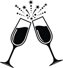 Champagne glasses toast black silhouette vector, celebration fireworks, clinking flutes, New Year, party graphic icon, congratulations element.