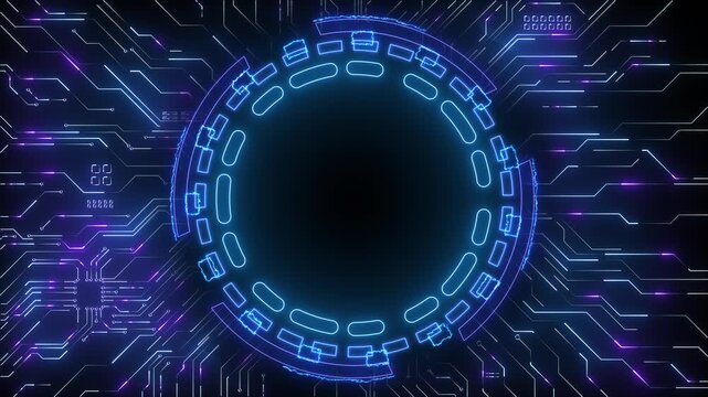 Hi-tech futuristic Artificial Intelligence engine in 4K Frame HUD element. viewfinder. viewfinder. heads up display screen scanner. circle interfaces Hologram VHS Noise Background In Hi Future Frame.