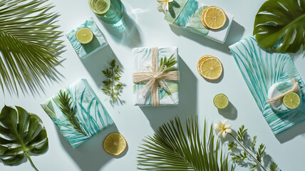 白とアクアカラーの贈り物が南国の葉に囲まれた、夏らしい平面構成