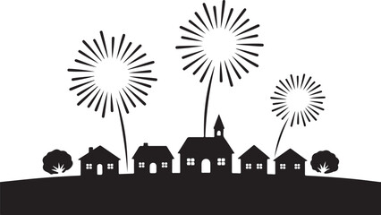 Black silhouette of village houses and fireworks on a hill