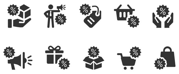 offer icon set.containing promotion, sale, discount, shopping, retail, marketing and more. Solid vector icon symbol illustration.