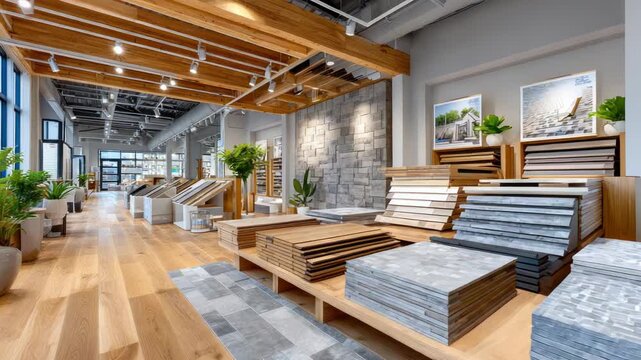 tile and flooring section in home improvement store with ceramic and wooden floor samples, stylish organized interior