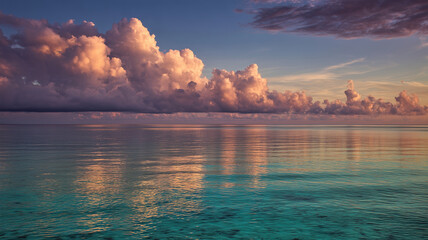 夕焼け空ときらめく海面が広がる、静かな雰囲気の水平線の情景